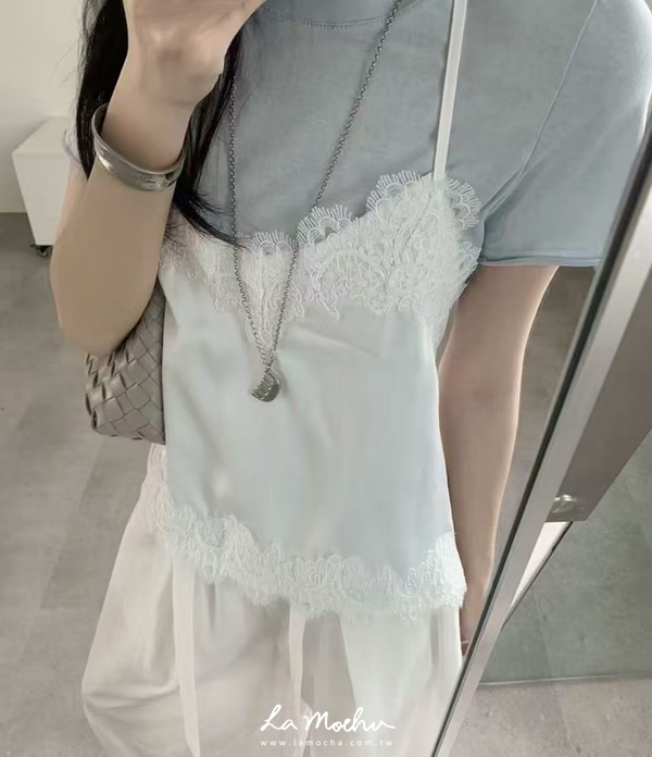 繞脖寬蕾絲背心+圓領上衣兩件組